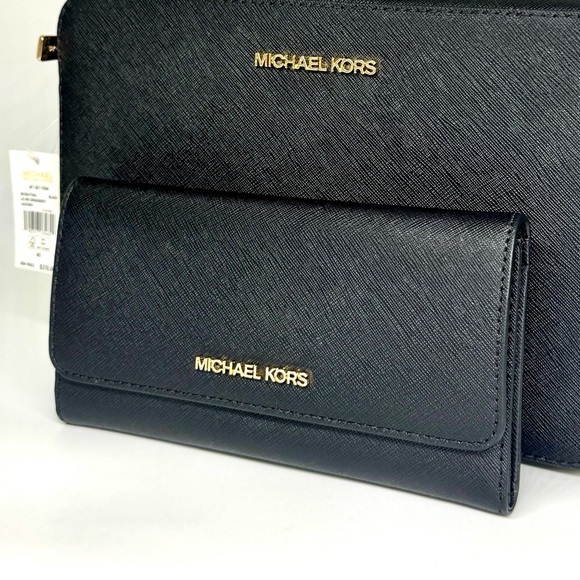 Michael Kors Jet Set Large Logo Crossbody Bag & Matching Trifold Wallet Black - Picture 9 of 11